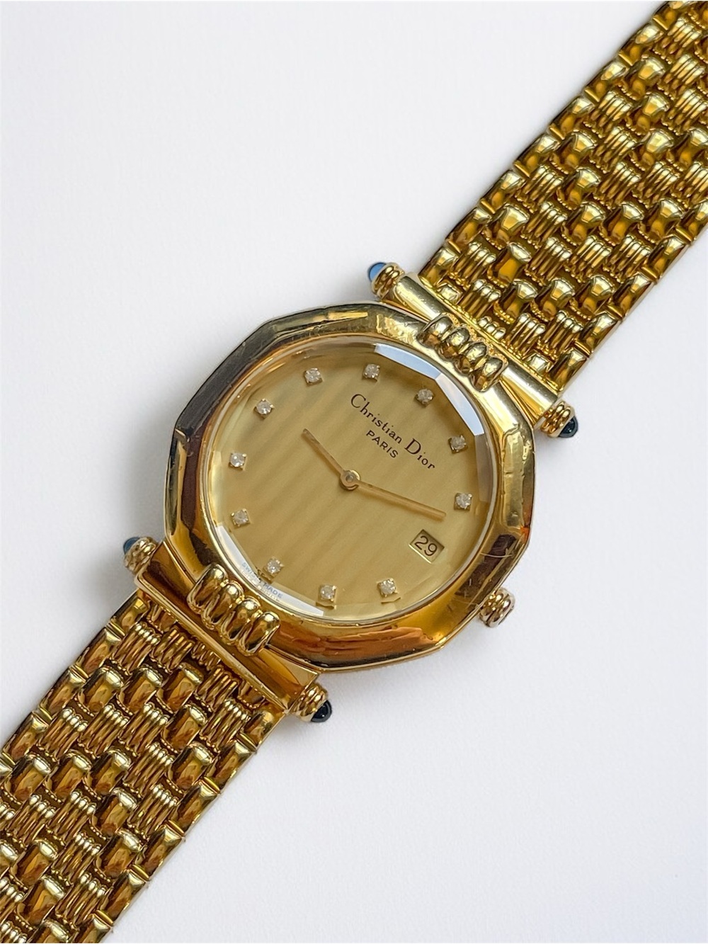 Vintage Christian Dior Octagon Gold Watch with Diamond Dial & Date